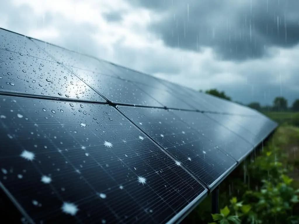 Panneaux solaires couverts de gouttes de pluie sous un ciel d'orage.
